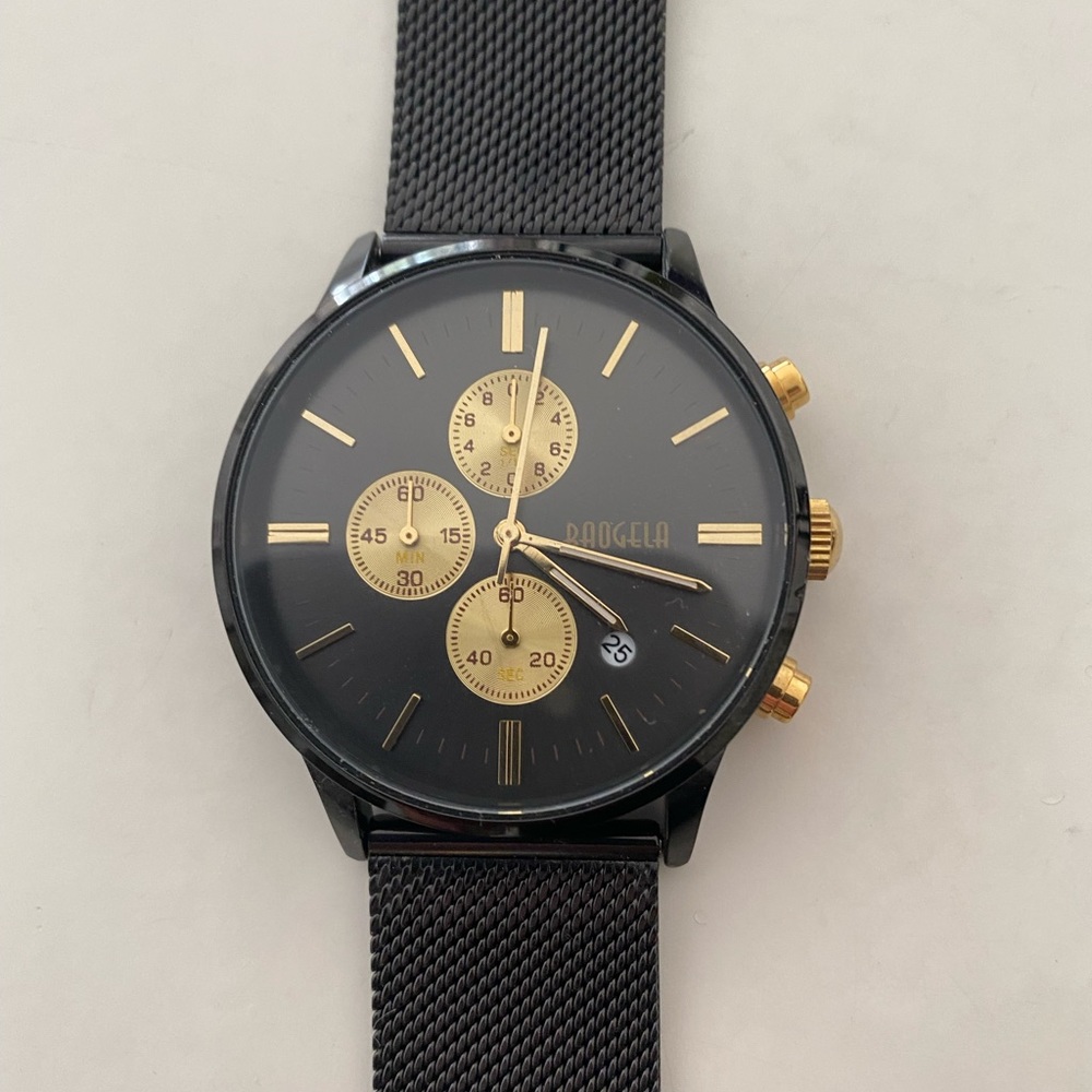 Baogela black Chronograph Mens water resistant luxury watch with new battery